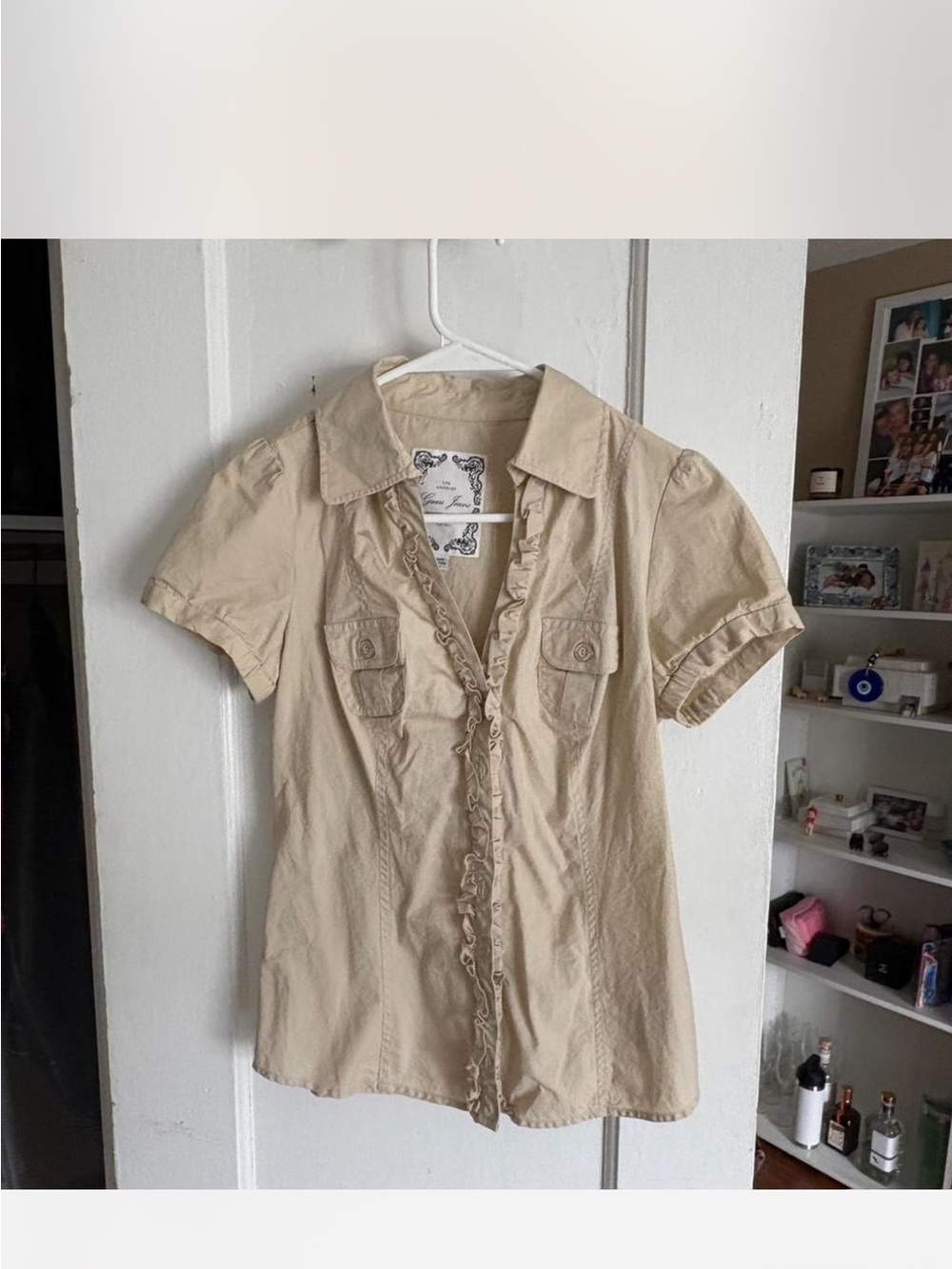 Guess Cream Ruffle-Trim Short Sleeve Blouse
